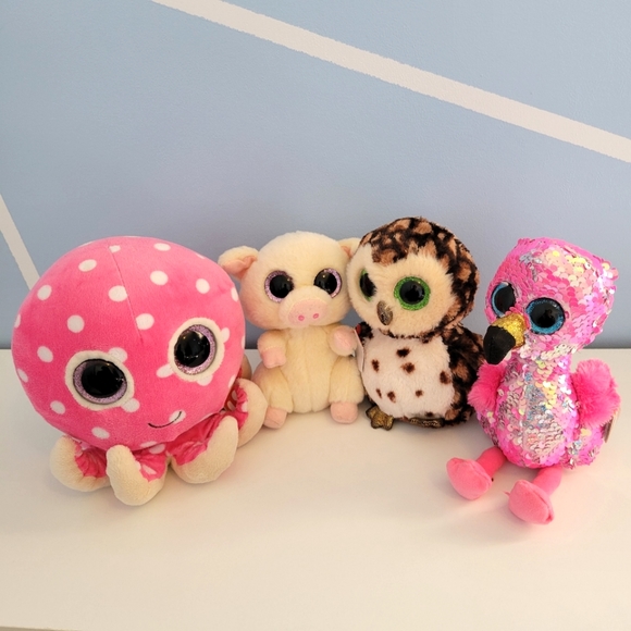 TY Flippables and Beanie Boo Collection Flamingo Owl Pig Octopus Set of 4 - Picture 2 of 16